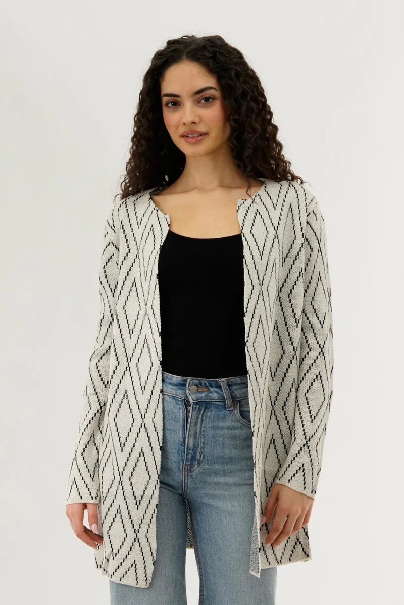 Long Printed Open Cardigan - Cream