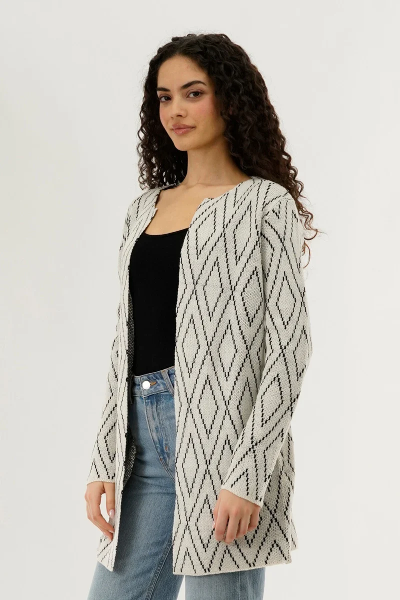 Long Printed Open Cardigan - Cream - Image 2