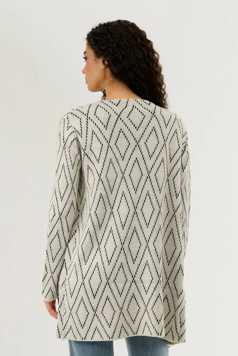 Long Printed Open Cardigan - Cream - Image 3