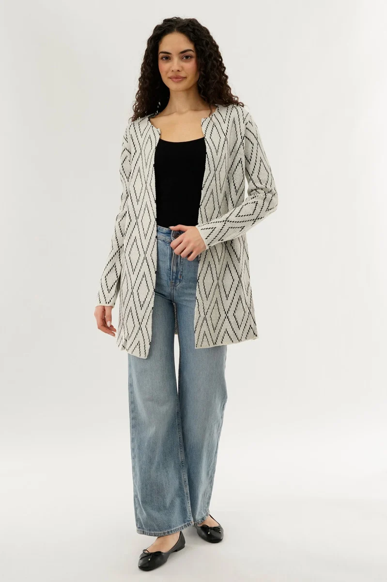 Long Printed Open Cardigan - Cream - Image 5