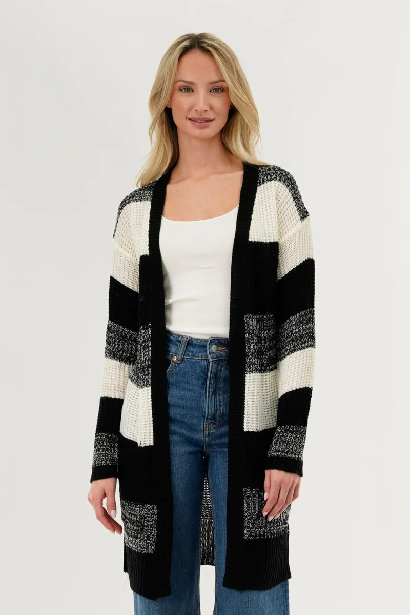 Striped Knit Cardigan - Black