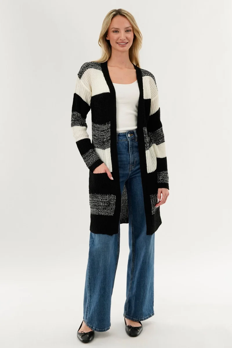 Striped Knit Cardigan - Black - Image 5