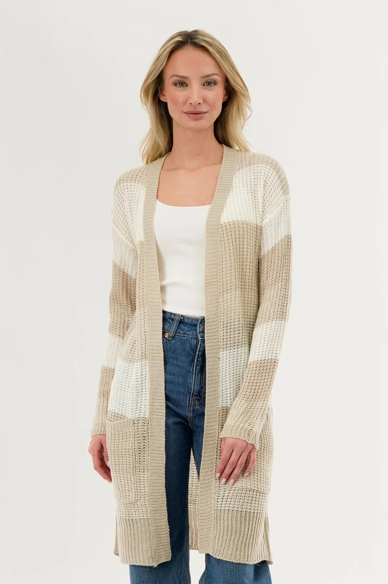 Striped Knit Cardigan - Beige