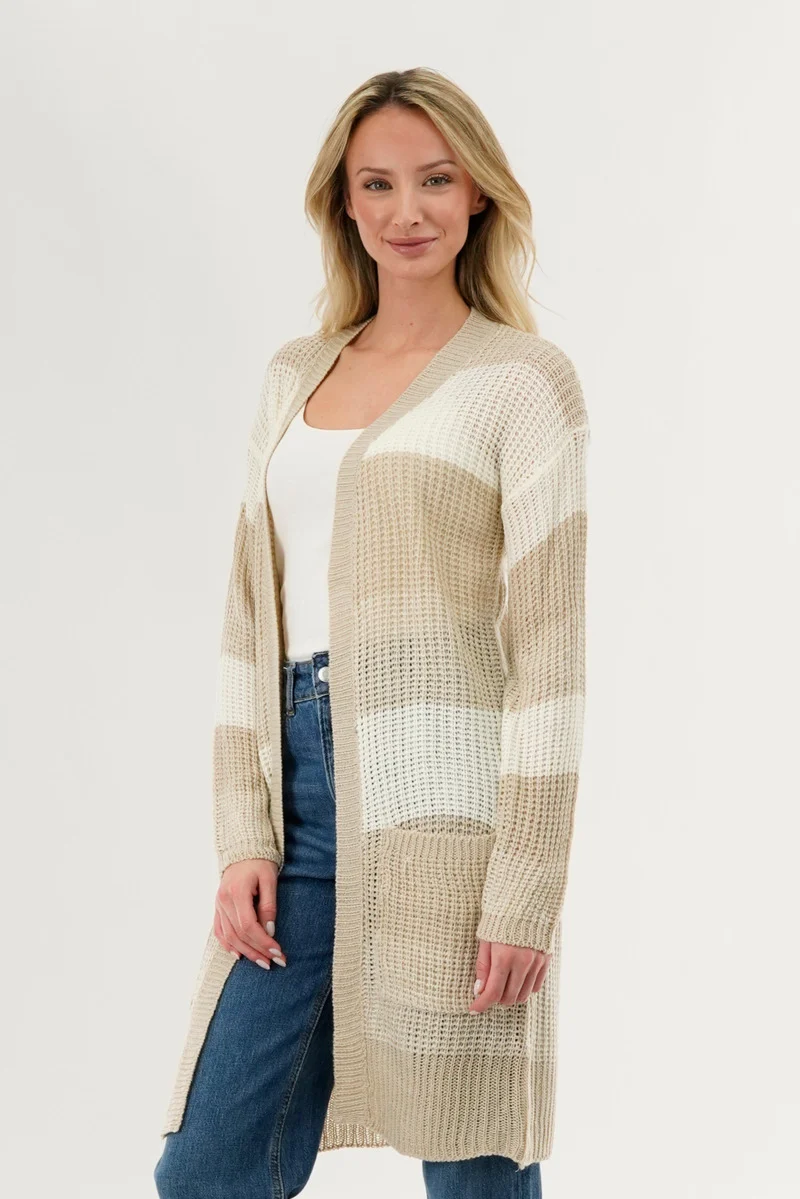 Striped Knit Cardigan - Beige - Image 2