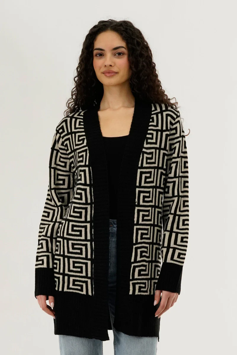 Long Printed Open Cardigan - Beige