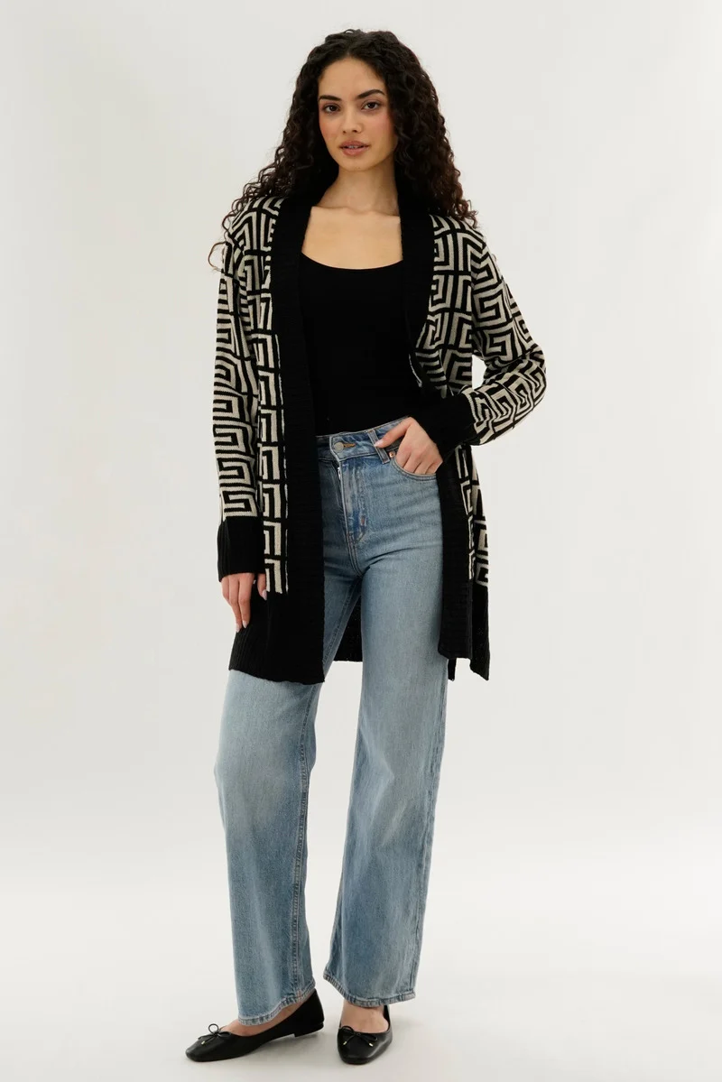 Long Printed Open Cardigan - Beige - Image 5
