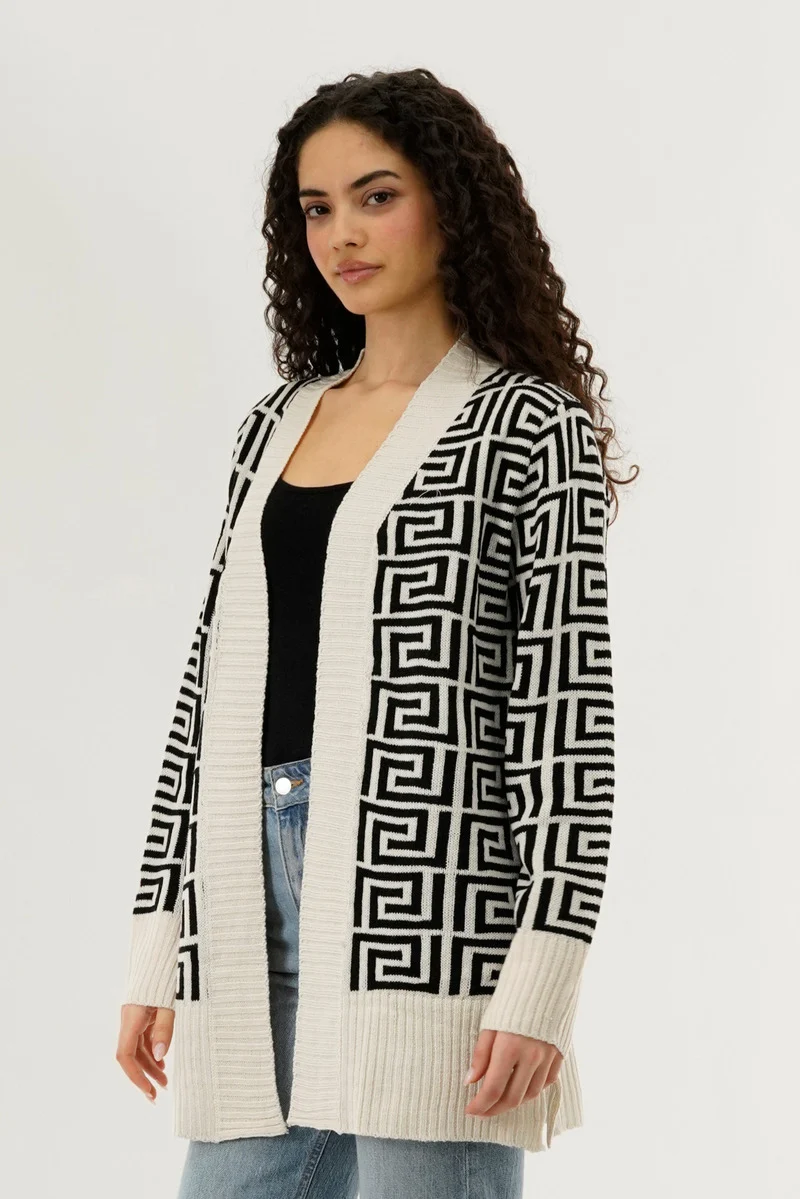 Long Printed Open Cardigan - Cream - Image 2