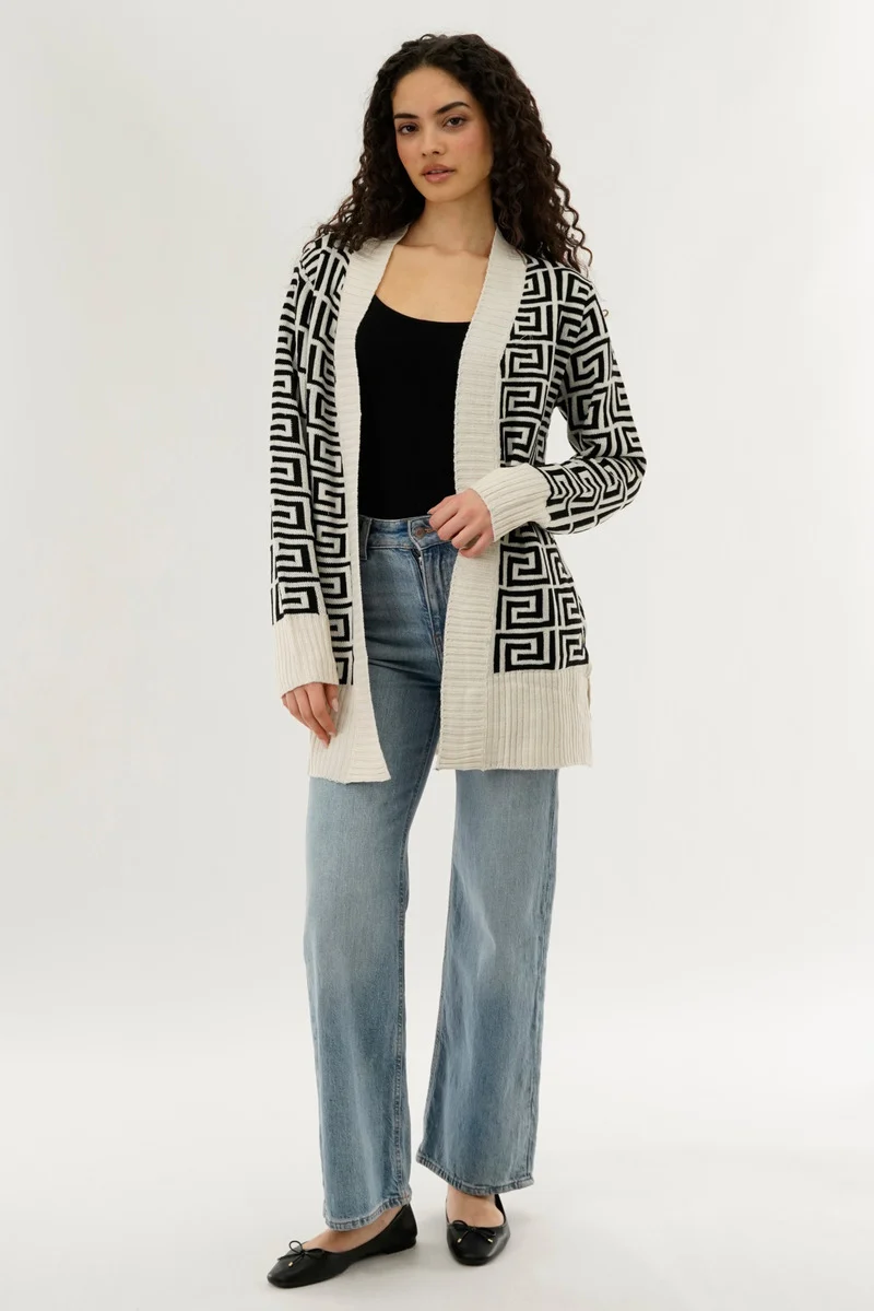 Long Printed Open Cardigan - Cream - Image 5