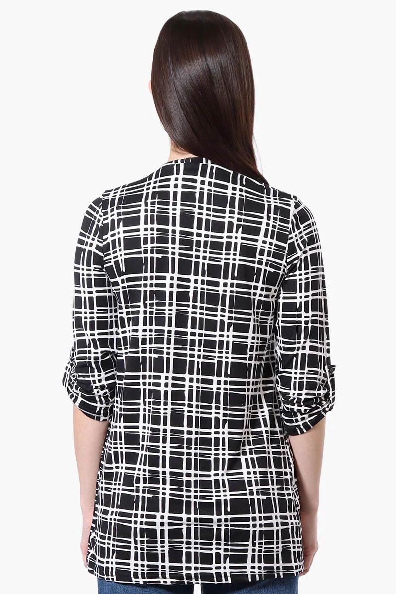 Patterned Roll Up Sleeve Wrap Cardigan - Black - Image 3
