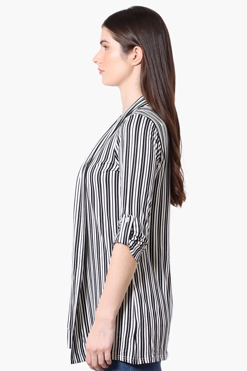Striped Roll Up Sleeve Wrap Cardigan - White - Image 2