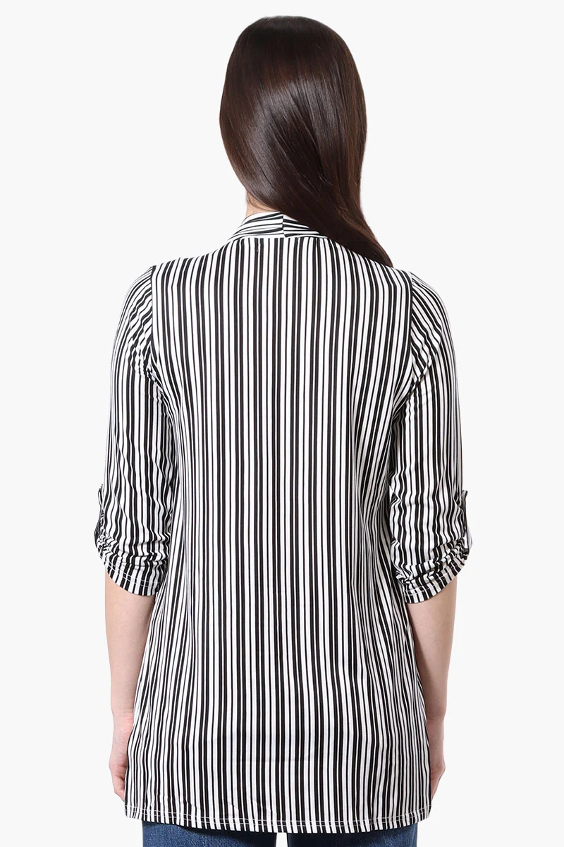 Striped Roll Up Sleeve Wrap Cardigan - White - Image 3