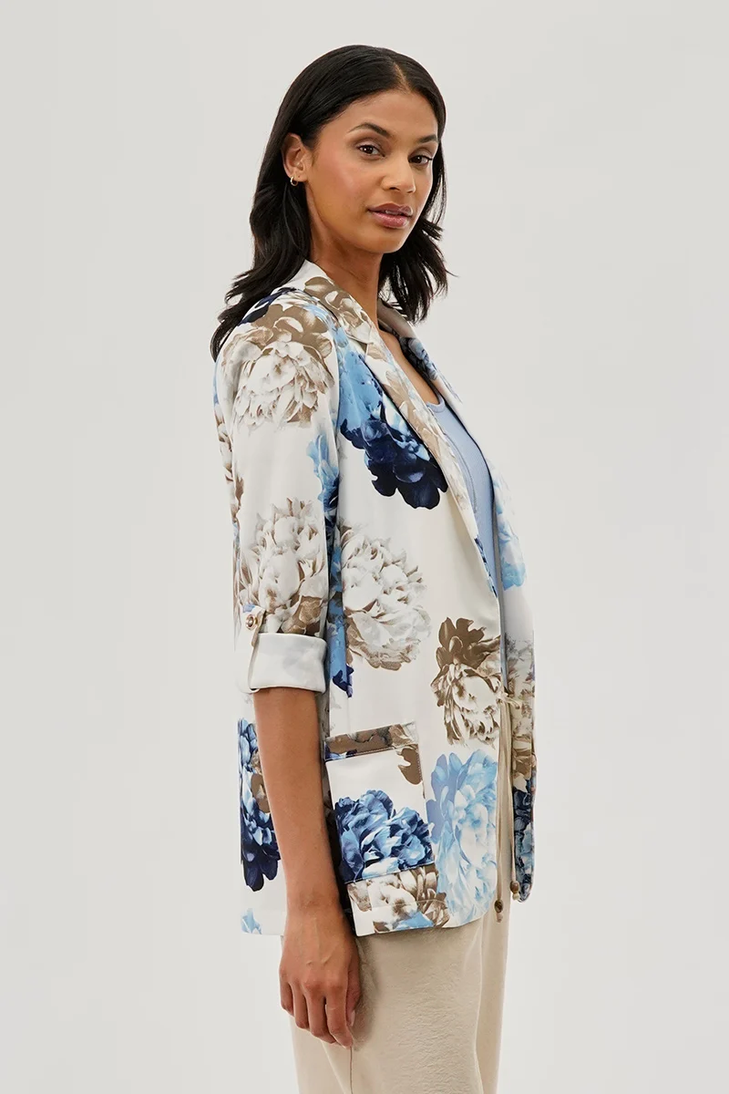 Floral Roll Up Sleeve Open Blazer - Blue - Image 2