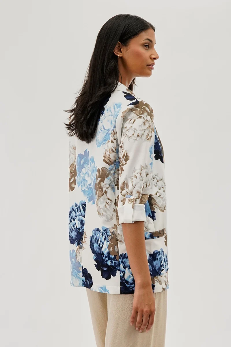 Floral Roll Up Sleeve Open Blazer - Blue - Image 3