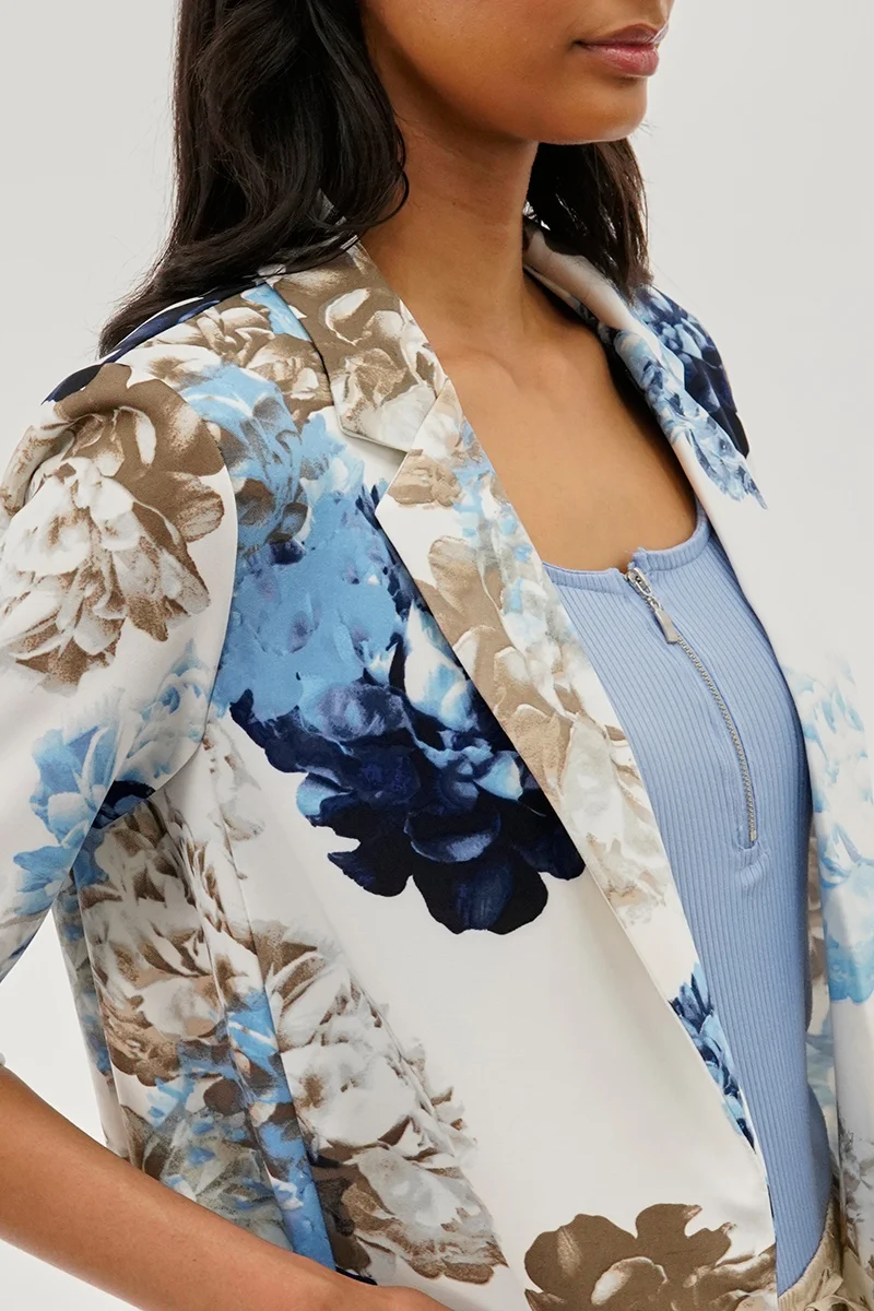Floral Roll Up Sleeve Open Blazer - Blue - Image 4