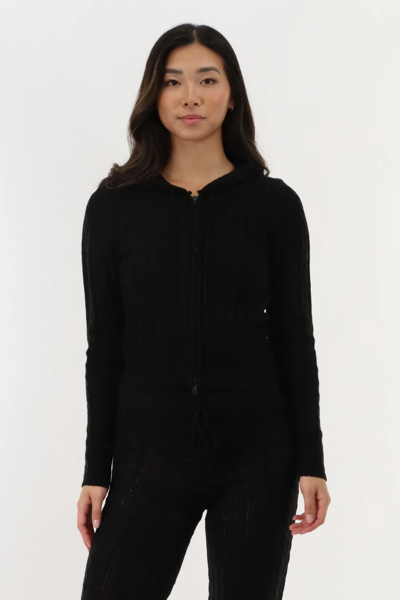 Cable Knit Zip Up Cardigan - Black