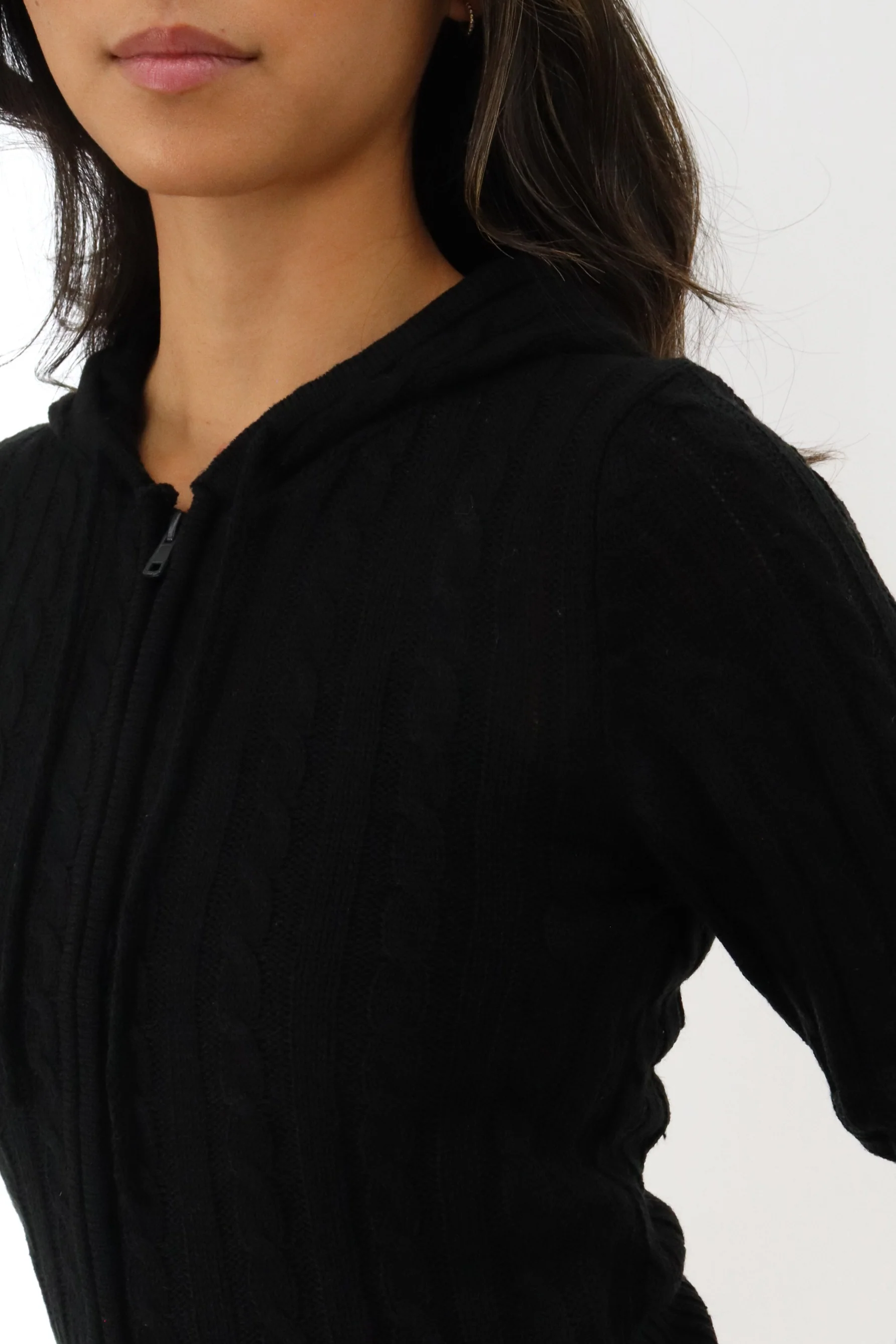Cable Knit Zip Up Cardigan - Black - Image 4