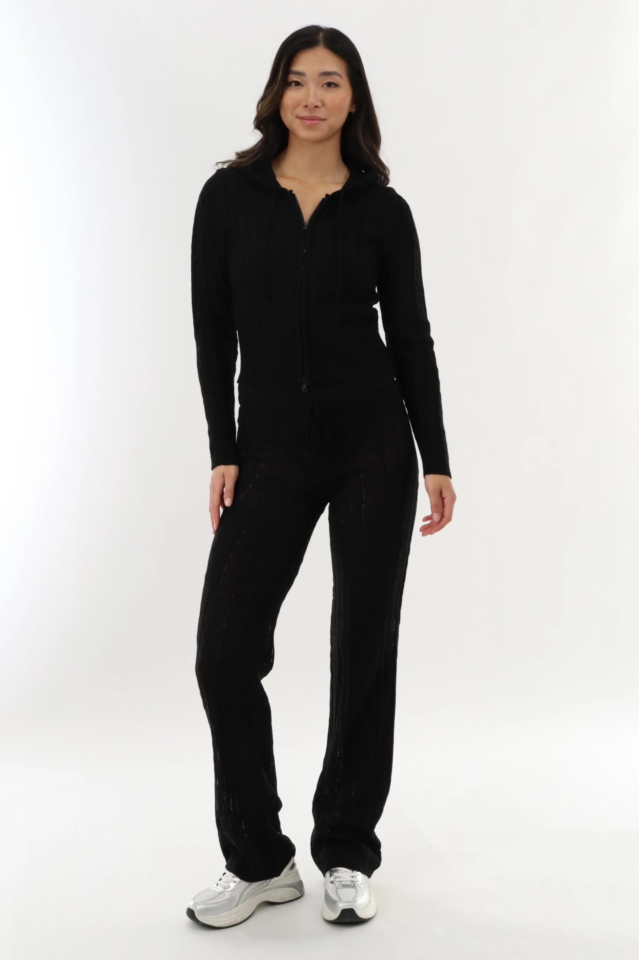 Cable Knit Zip Up Cardigan - Black - Image 5