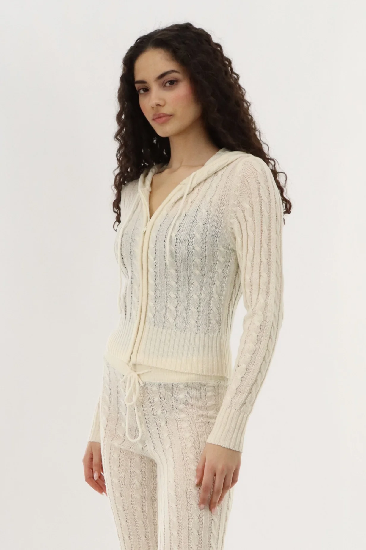 Cable Knit Zip Up Cardigan - Cream - Image 2
