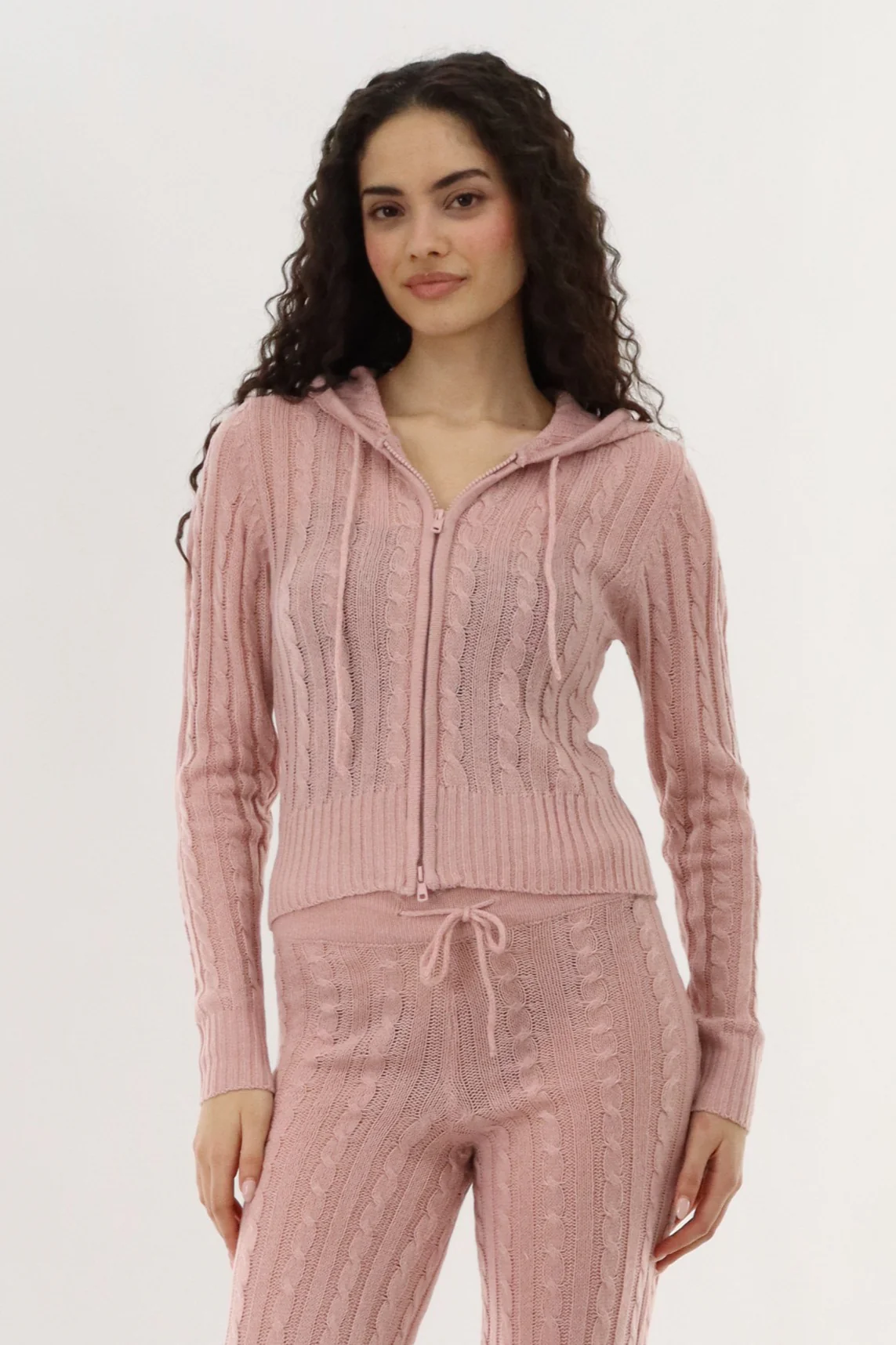Cable Knit Zip Up Cardigan - Blush