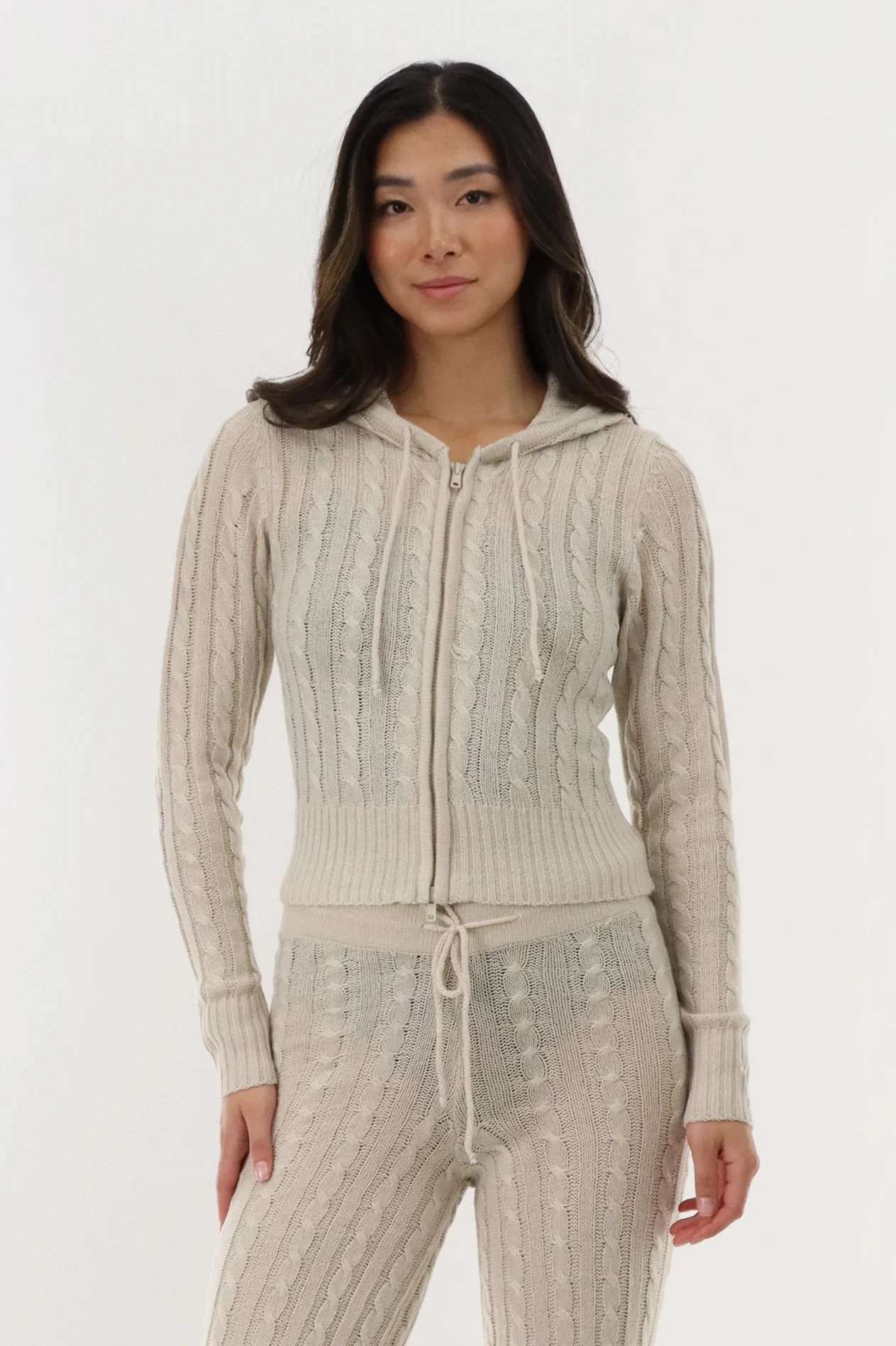 Cable Knit Zip Up Cardigan - Stone