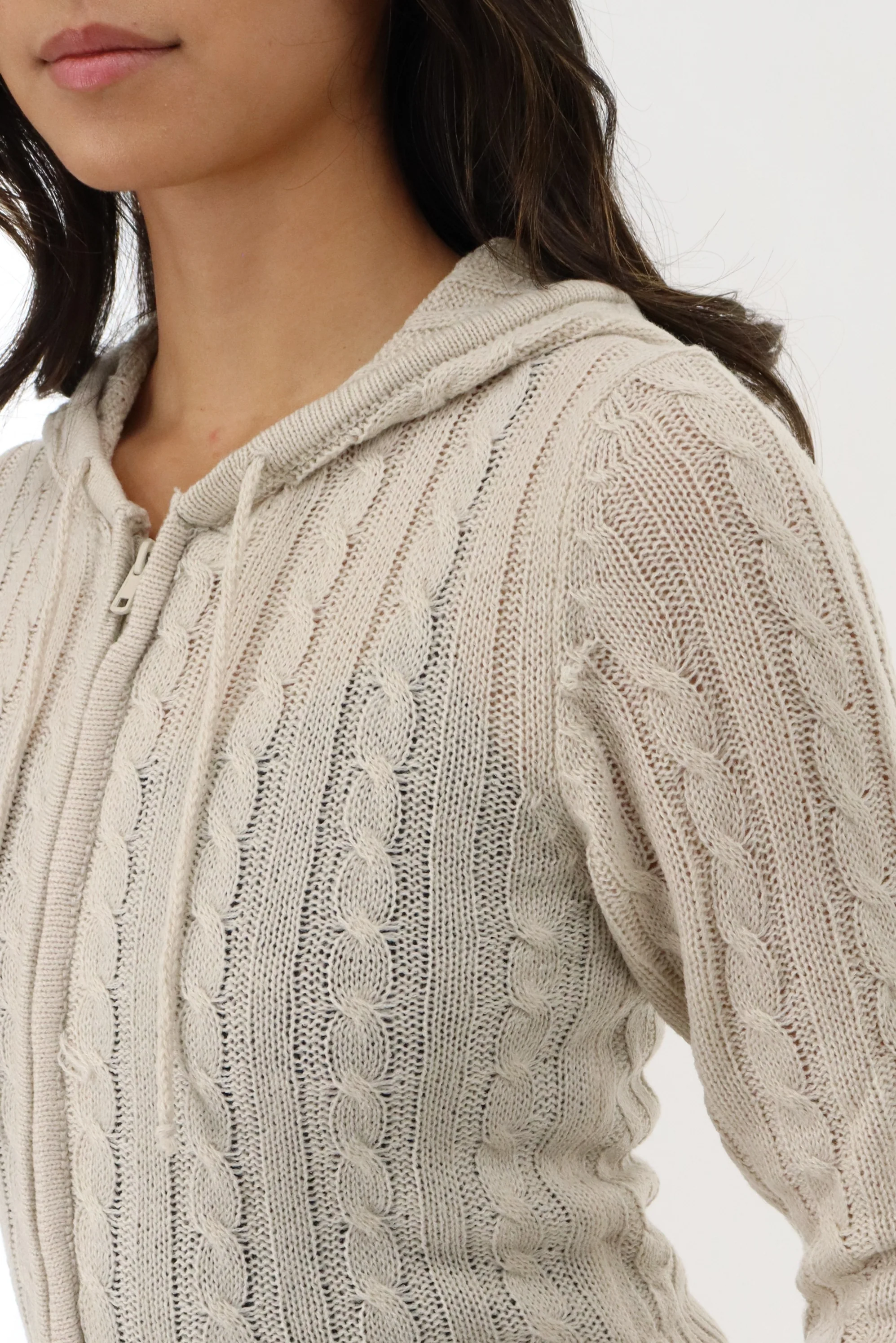 Cable Knit Zip Up Cardigan - Stone - Image 4