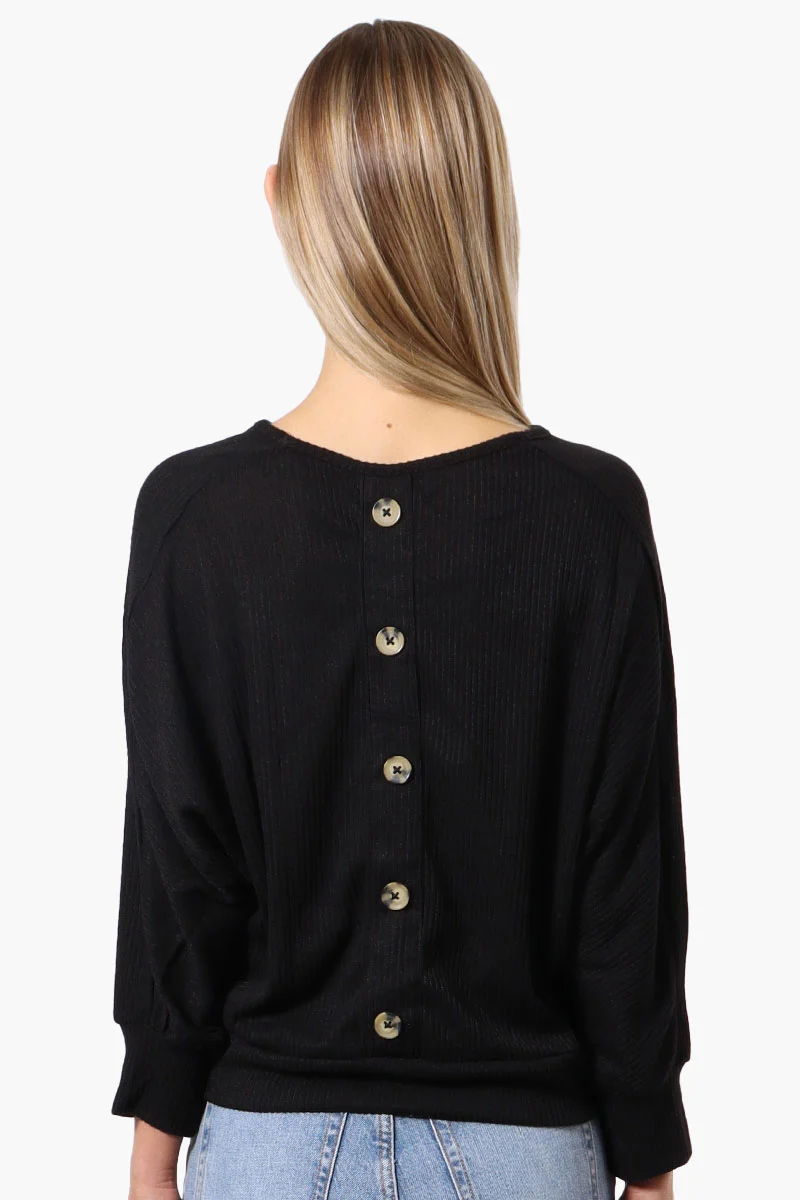 Ribbed Button Back Detail Pullover Sweater - Black - Image 3