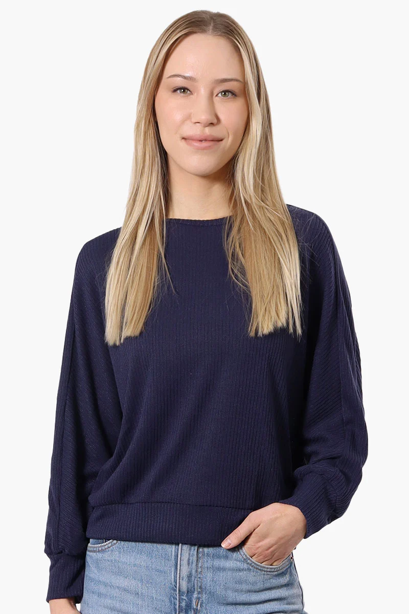 Ribbed Button Back Detail Pullover Sweater - Navy