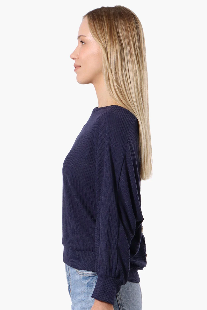Ribbed Button Back Detail Pullover Sweater - Navy - Image 2