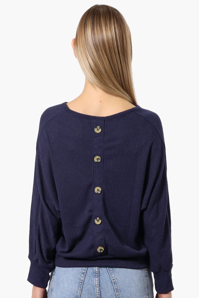 Ribbed Button Back Detail Pullover Sweater - Navy - Image 3