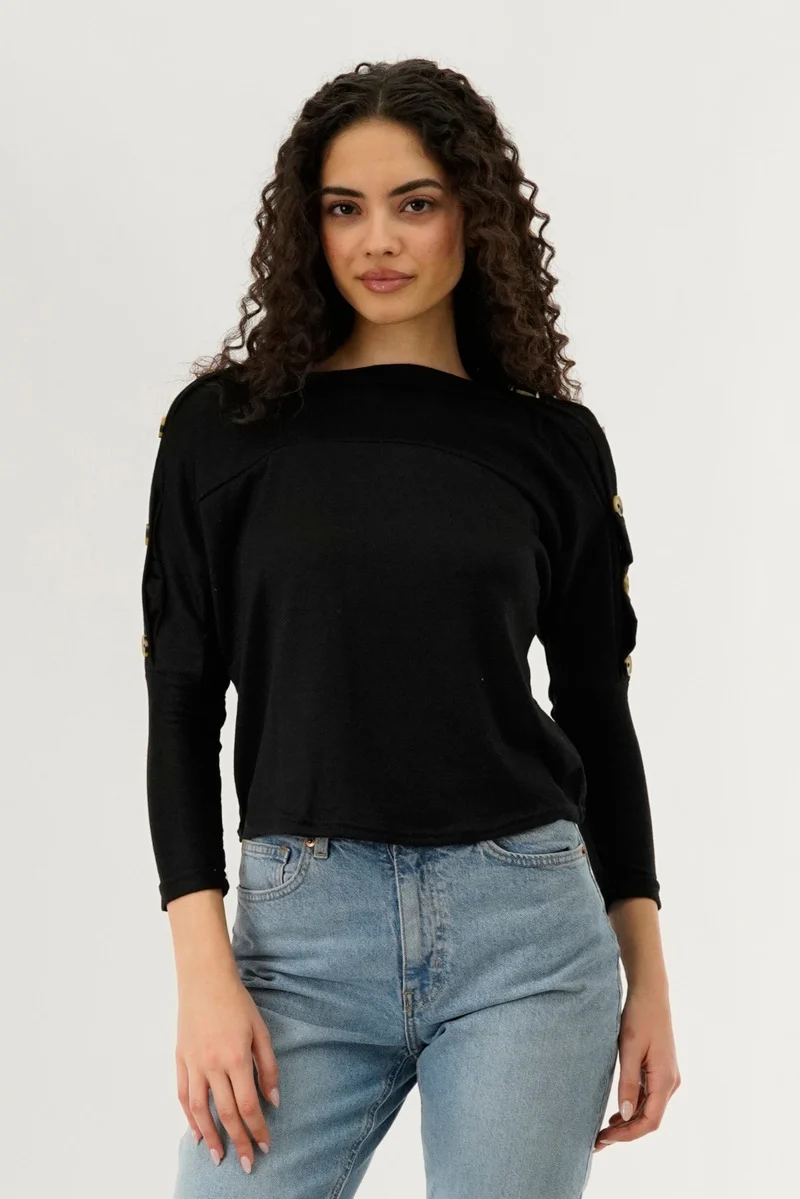 Boat Neck Shoulder Button Pullover Sweater - Black
