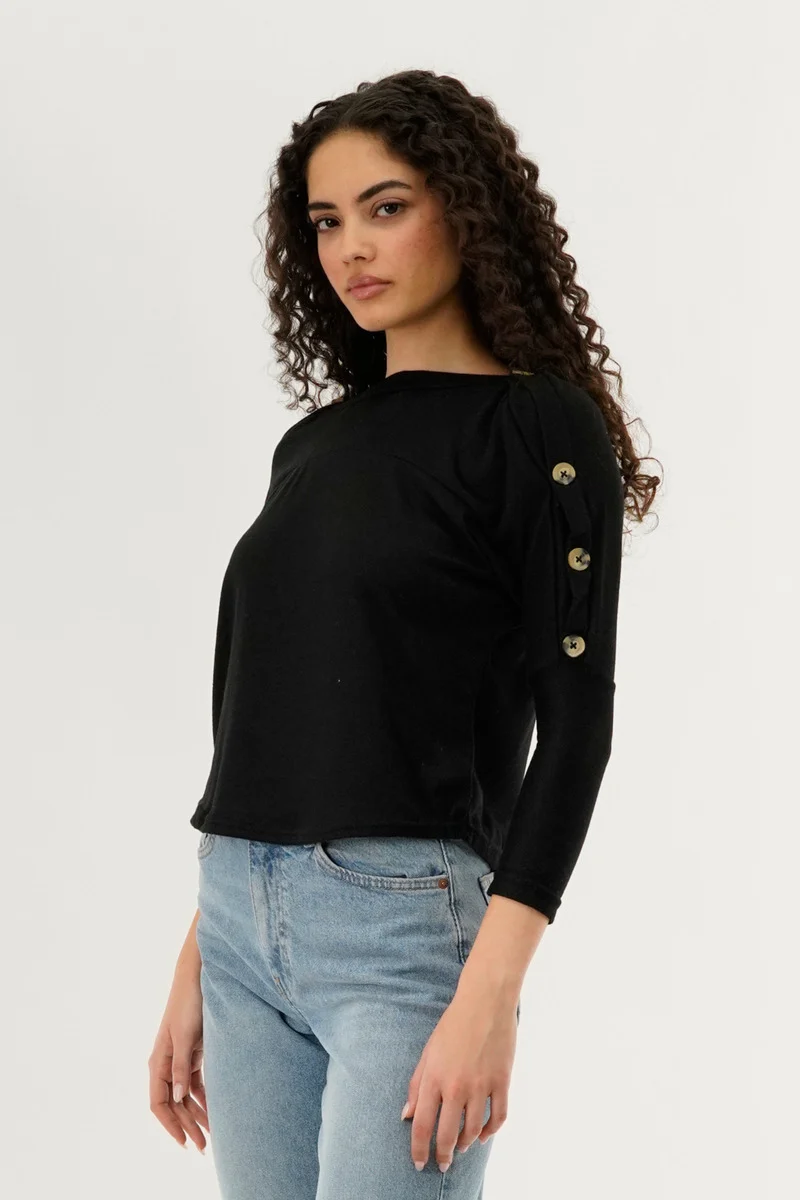 Boat Neck Shoulder Button Pullover Sweater - Black - Image 2