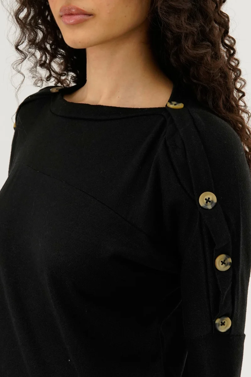 Boat Neck Shoulder Button Pullover Sweater - Black - Image 4