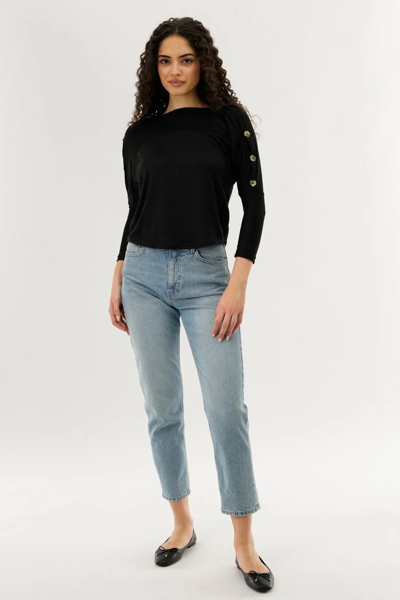 Boat Neck Shoulder Button Pullover Sweater - Black - Image 5