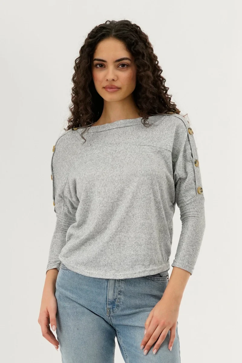 Boat Neck Shoulder Button Pullover Sweater - Grey