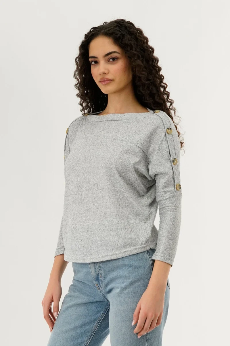 Boat Neck Shoulder Button Pullover Sweater - Grey - Image 2
