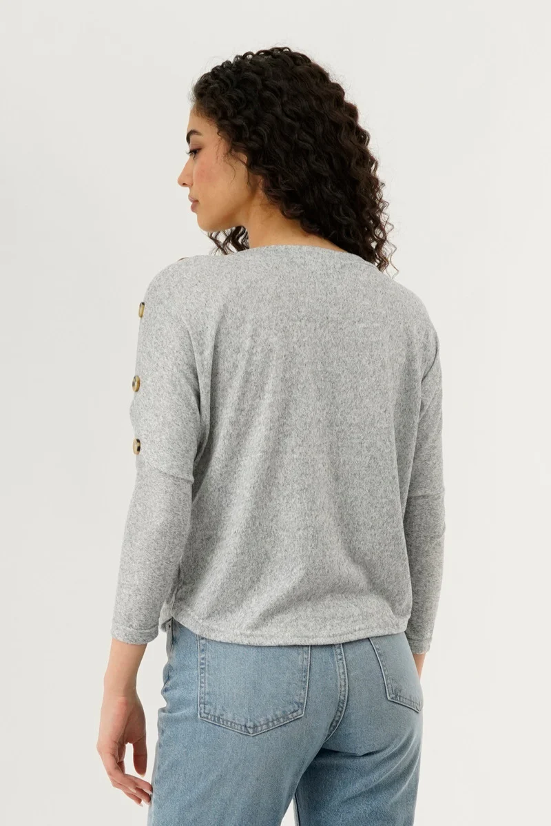 Boat Neck Shoulder Button Pullover Sweater - Grey - Image 3