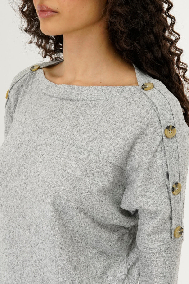 Boat Neck Shoulder Button Pullover Sweater - Grey - Image 4