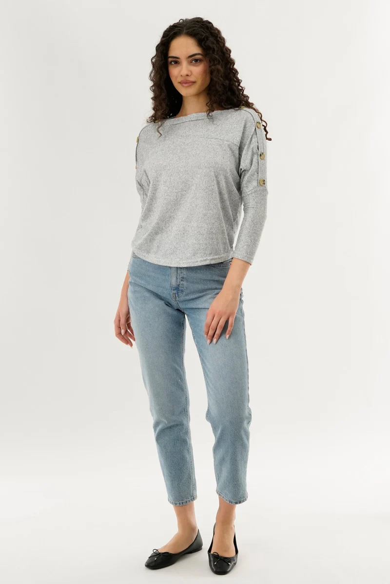 Boat Neck Shoulder Button Pullover Sweater - Grey - Image 5