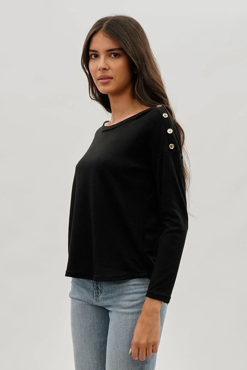 Boat Neck Button Detail Pullover Sweater - Black - Image 2
