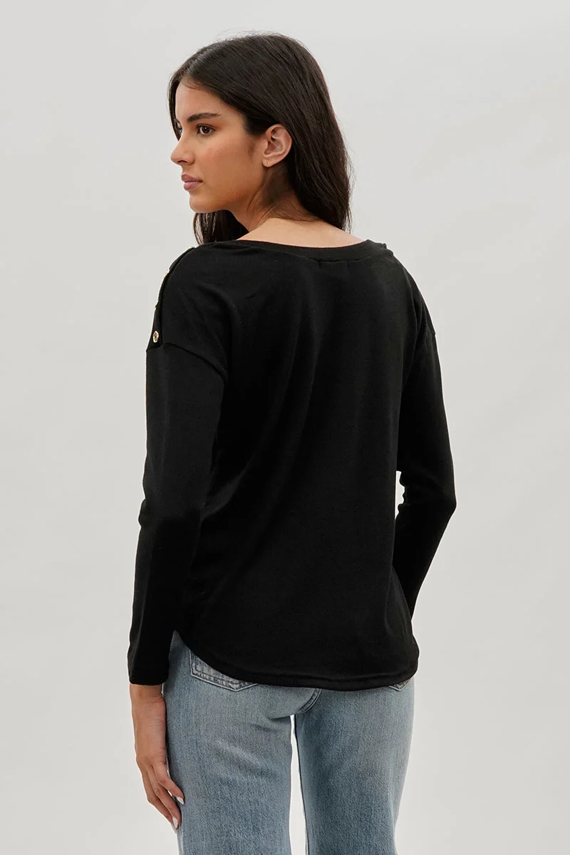 Boat Neck Button Detail Pullover Sweater - Black - Image 3