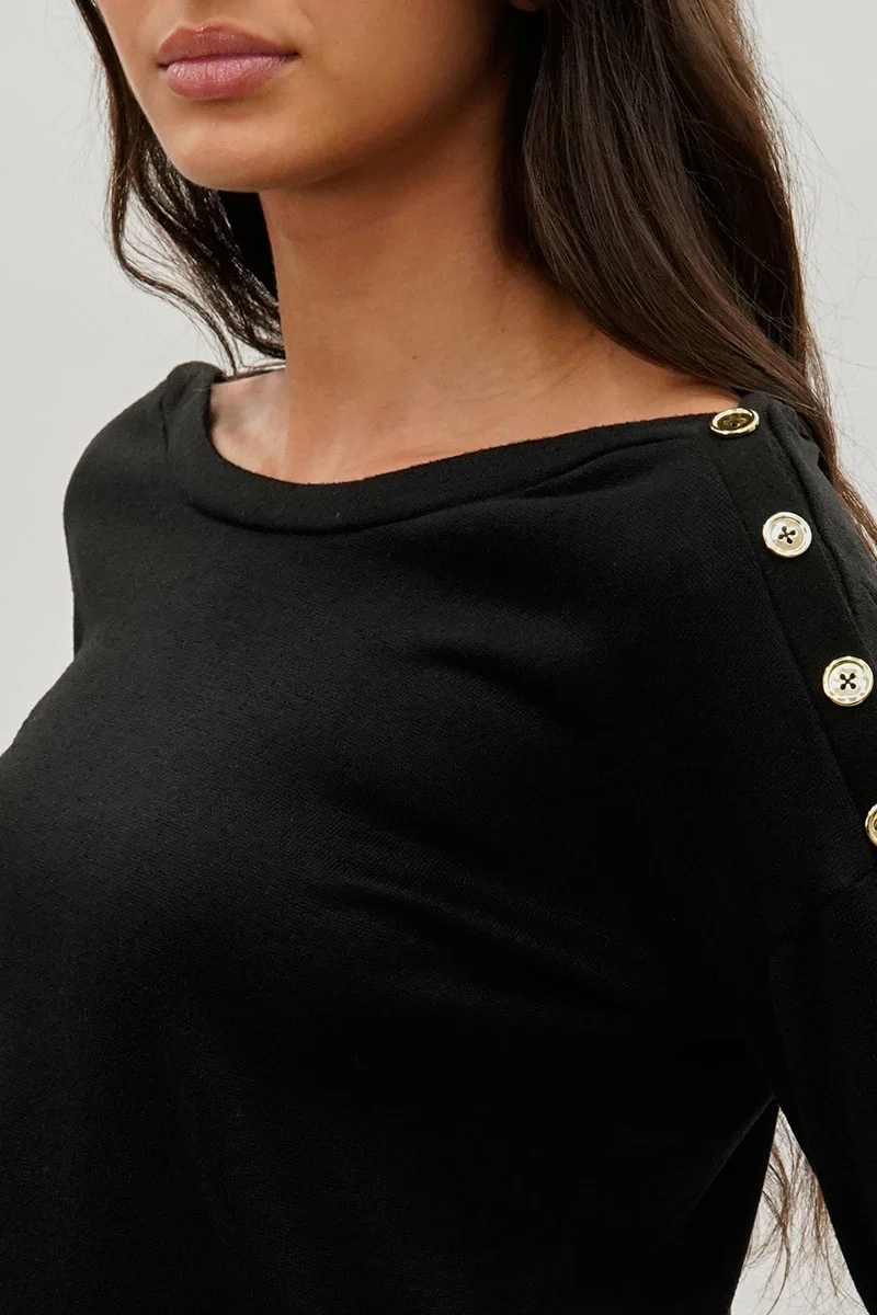 Boat Neck Button Detail Pullover Sweater - Black - Image 4