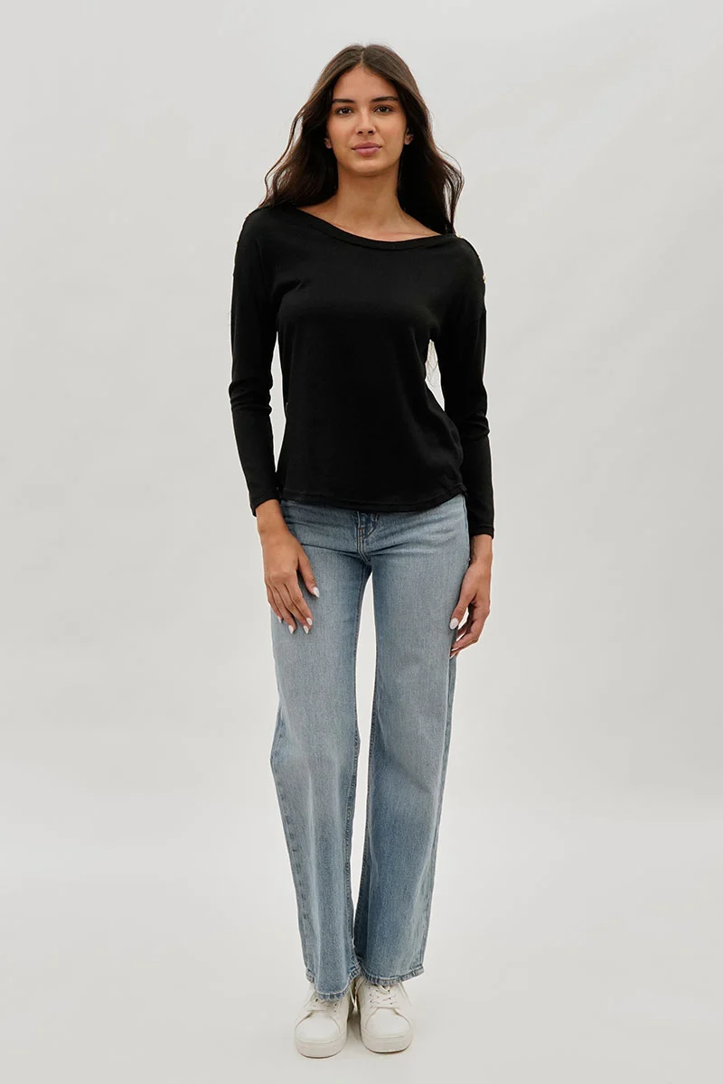 Boat Neck Button Detail Pullover Sweater - Black - Image 5