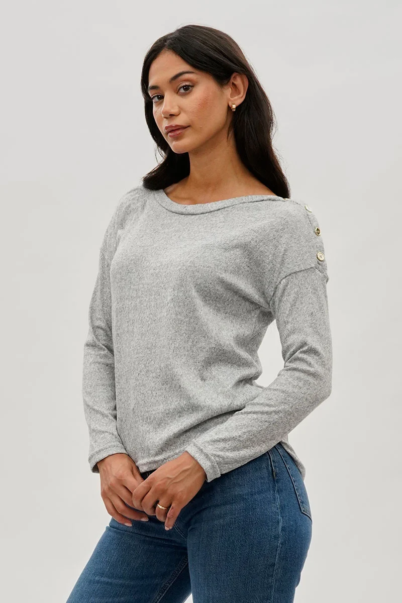 Boat Neck Button Detail Pullover Sweater - Grey - Image 2