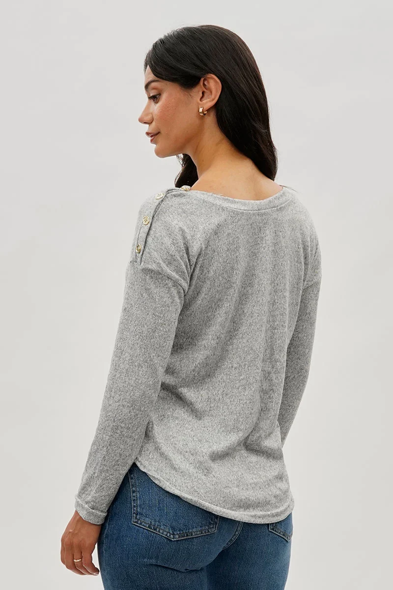 Boat Neck Button Detail Pullover Sweater - Grey - Image 3