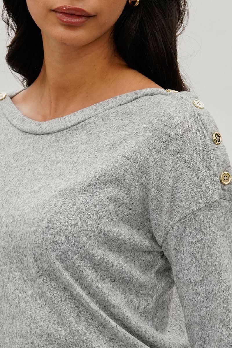 Boat Neck Button Detail Pullover Sweater - Grey - Image 4