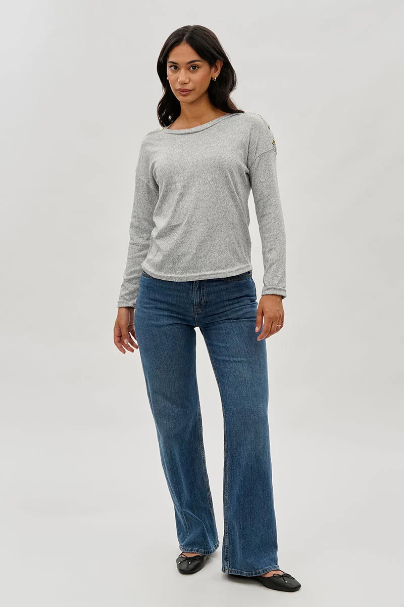 Boat Neck Button Detail Pullover Sweater - Grey - Image 5