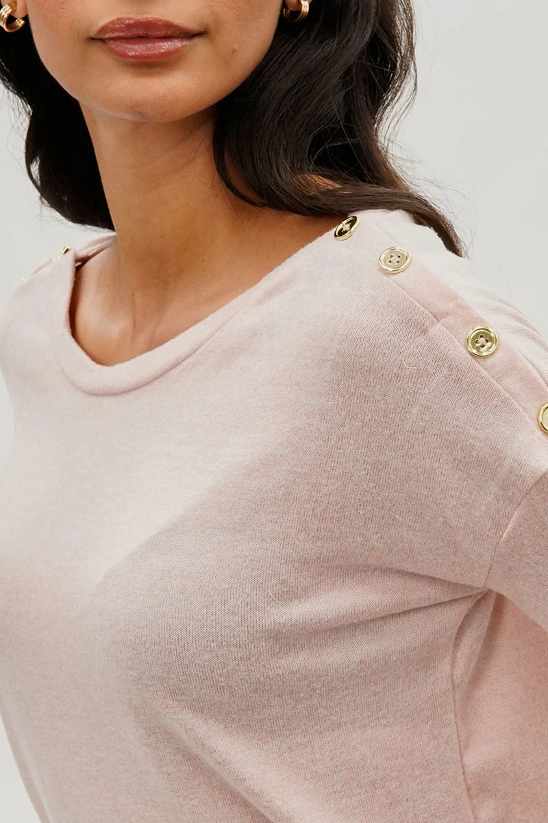 Boat Neck Button Detail Pullover Sweater - Blush - Image 4
