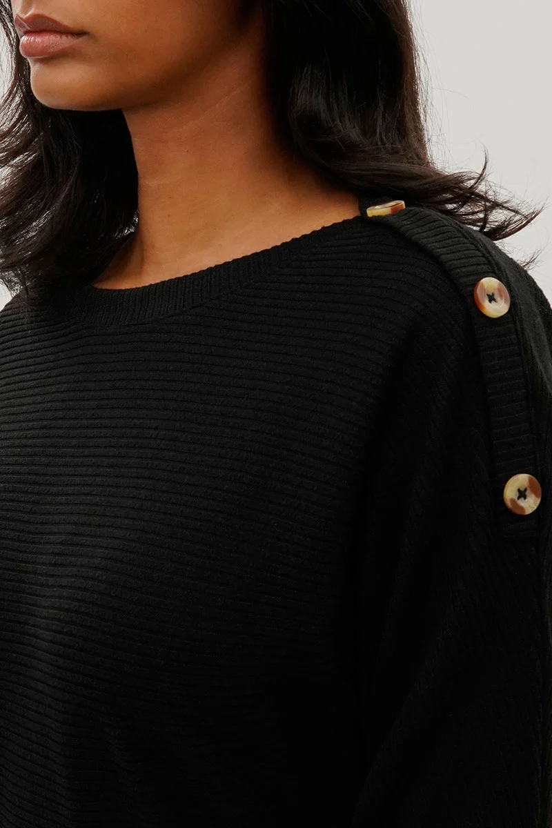 Ribbed Shoulder Button Pullover Sweater - Black - Image 4