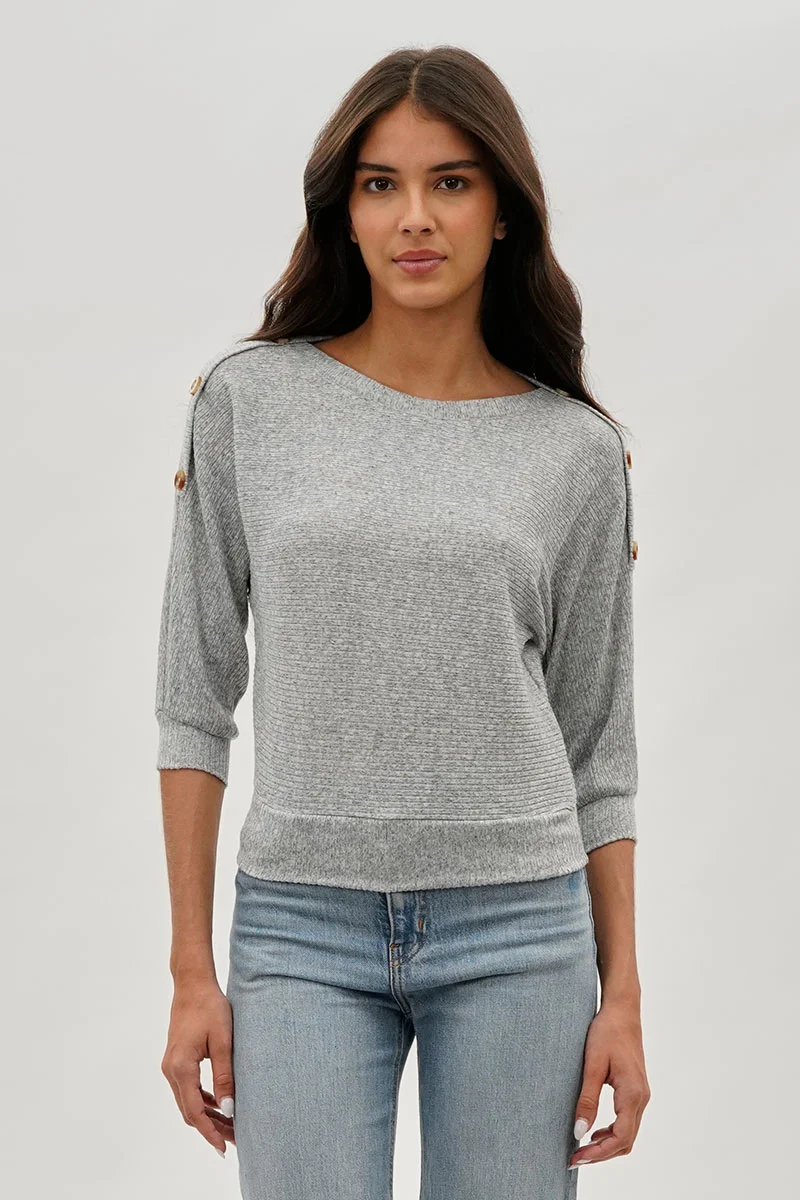 Ribbed Button Detail Pullover Sweater - Grey