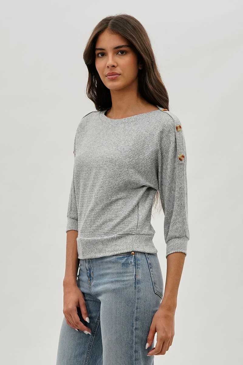 Ribbed Button Detail Pullover Sweater - Grey - Image 2